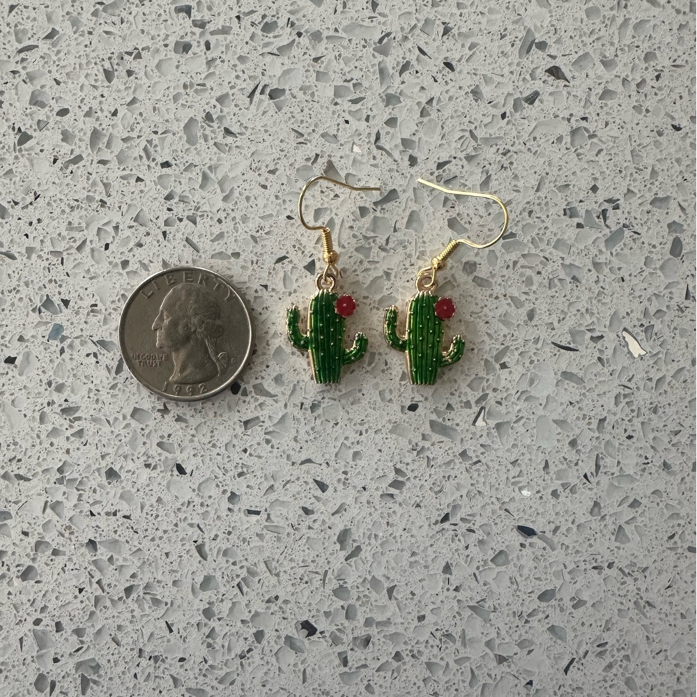 Green Cactus Earrings with Red Accent